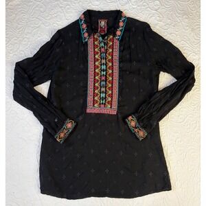 Johnny Was Embroidered Black Tunic Top Boho Chic Long Sleeve Collar Women Small